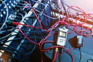 Digital mixing console. Sound mixer control panel, closeup of audio faders. photo