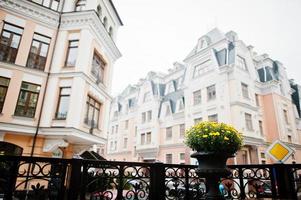 Flowerpot with yellow flowers on balcony background buildings. photo