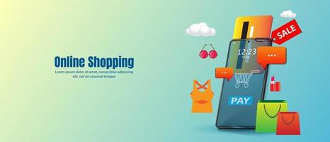 Online shopping vector illustration E-commerce concept.mobile phone with credit card