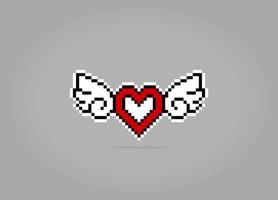Amor de píxeles de 8 bits. icono de corazón con ala en ilustración vectorial para icono de juego.