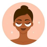 Afroamerican girl with cosmetic patches on her face. Moisturizing and care. Home, daily facial. Vector illustration.