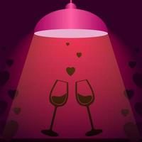 Overlay of light on glasses of wine illuminated by the ceiling lamp. Silhouette of glasses of wine. The light of the lamp in the restaurant above the table. An evening for lovers. Lighting concept. vector