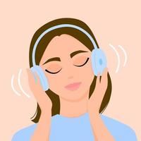 The girl listens to music on headphones with her eyes closed. Calm, meditation. Vector illustration.