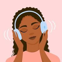 A dark-skinned girl listens to music with headphones, closing her eyes. Calm, meditation. Vector illustration.