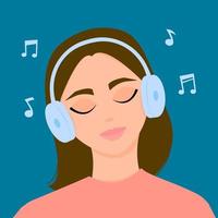 The girl listens to music on headphones with her eyes closed. Vector illustration.