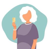 Elderly woman holds debit card in her hand. Vector illustration. Payment by credit card, payment using electronic wallet.