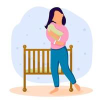 Woman lulling newborn baby next to crib. Vector illustration.