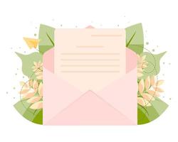 Open envelope with a letter with foliage in the background. The concept of sending messages. Send or receive a letter, mail. vector