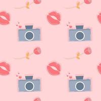 Seamless colorful pattern for valentine's day. Camera, rose, flower, kiss, lips. vector