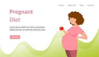 Pregnancy diet banner. Cute Cartoon Pregnant Woman in Trousers and T-shirt Holds Red Apple in Her Hand. Flat Style. Healthy Food Concept During Pregnancy. Vector Illustration