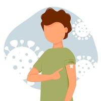 Child pointing his finger at the vaccinated hand. The concept of health, the spread of the vaccine, healthcare, call of fight against coronavirus. Colorful vector illustration in flat style.