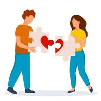 Concept of relationship. Woman and man collect puzzle with heart. Vector illustration in flat style.