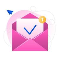 Pink envelope with document. Concept of receive message, email subscribe. Vector illustration in flat style.