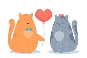 Couple cats in love. Cat gives his beloved balloon in form of heart. Concept of Valentine's Day. Vector greeting card.