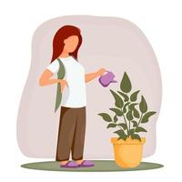 Woman watering indoor plants. Gardening, plant growing, flower care, home routine. Vector illustration.