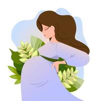 Pregnant woman waiting for a baby side view. Vector illustration. Future mother is sideways. Pregnancy, big belly. Motherhood. Plants, leaves.