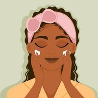 A cute smiling african american girl uses a face scrub. cleansing and massage of the skin. Home daily facial skin care. Vector illustration.