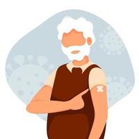 Vaccinated elderly man showing at the arm. The concept of vaccination, health, the spread of the vaccine, healthcare, call of fight against coronavirus. Colorful vector illustration in flat style.