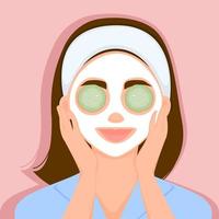 Girl applied a cosmetic mask of cucumber to her face. Cleansing and face care. Home spa. Vector illustration.