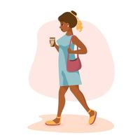 Young attractive girl is walking with coffee in her hand and a bag on her shoulder. Vector illustration.