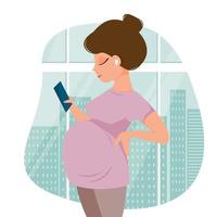 Cute cartoon pregnant woman in pants and t-shirt listens to music with headphones holds a phone in her hand against the backdrop of the city's metropolis. Background of window. Vector illustration.