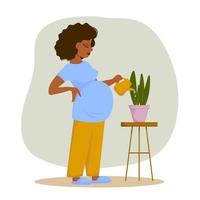 Pretty pregnant woman watering plant at home. Vector illustration. Flat design.