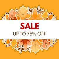 Autumn sale 75 percent off. Label, template, banner with colorful leaves. Vector Illustration.