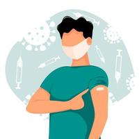 Vaccinated young man showing at the arm. The concept of vaccination, health, the spread of the vaccine, healthcare, call of fight against coronavirus. Colorful vector illustration in flat style.