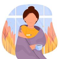 Sick girl with measures temperature by the window in a blanket. Autumn vector illustration.