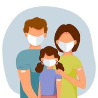 Vector illustration of happy vaccinated family with kids in masks. Mother, father, daughter. Concept of health, the spread of the vaccine, healthcare, call of fight against coronavirus.