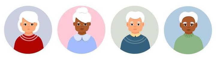 Set of portraits of elderly people. Avatar of female and male person. Vector icon of senior adult in flat style.