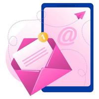 Pink envelope with document with email icon on the background of the phone. Concept of receive message, email subscribe, e-mail application on the phone. Vector illustration in flat style.