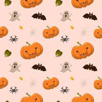 Halloween seamless pattern with pumpkins, bat, ghost, spider, cobweb. Vector background in flat style.