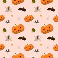 Halloween seamless pattern with pumpkins, bat, ghost, spider, cobweb. Vector background in flat style.