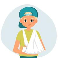 Little boy with broken arm. Concept of treatment bone fracture, plaster cast on broken arm, children's medicine. Vector cartoon illustration in flat style.