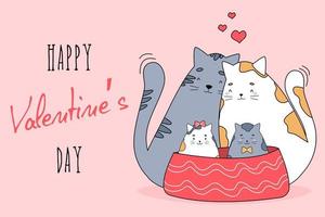 Cute cat family hugs. Lovely pets in love. Valentine's day, Saint Valentine. Vector greeting card with lettering.