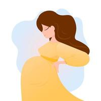 Pregnant woman waiting for a baby. Vector illustration. Future mother is sideways. Pregnancy, big belly. Motherhood.