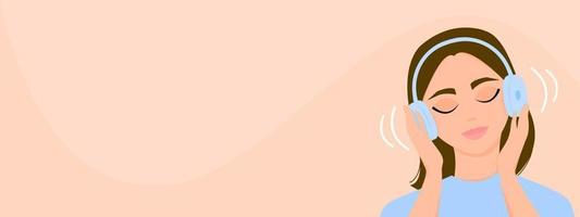The girl listens to music on headphones with her eyes closed. Calm, meditation. Banner, background, web. Vector illustration.