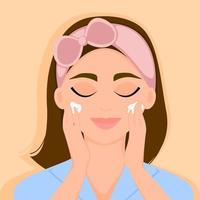 A cute smiling girl uses a face scrub. cleansing and massage of the skin. Home daily facial skin care. Vector illustration.