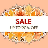 Autumn sale 90 percent off. Label, template, banner with colorful leaves. Vector Illustration.