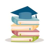 Stack of books with bookmarks and graduate cap. Concept of education, acquiring new knowledge. Vector illustration.