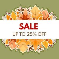 Autumn sale 25 percent off. Label, template, banner with colorful leaves. Vector Illustration.