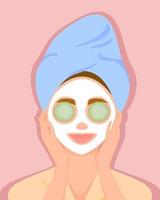 linda chica con toalla en la cabeza aplicó una máscara cosmética en la cara. limpieza y cuidado de la cara. balneario casero. ilustración vectorial