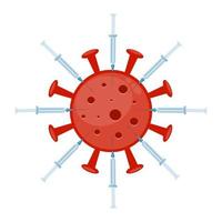 Coronavirus molecule surrounded by syringes containing vaccine. Vector illustration.