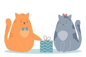 Couple cats in love. Cat gives his beloved gift. Concept of Valentine's Day. Vector greeting card.