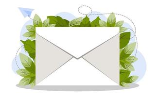 sobre blanco cerrado con follaje de verano verde brillante en el fondo. el concepto de enviar un mensaje. enviar o recibir una carta, correo. vector