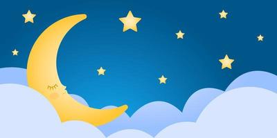 Moon in the clouds and stars. Vector illustration. Twinkling moon and stars. Can be used as flyers, posters, banners, brochures, web. Cartoon style.