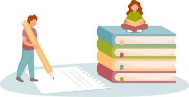 Girl sitting on Stack of books and reading. Man writing in pencil on paper. Concept of learning, education, knowledge, hobby. Vector illustration in flat style.