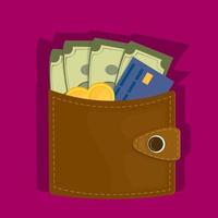 Wallet with cash, coins and card. Vector illustration in flat style.