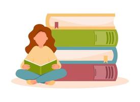 Girl reading book on background on Stack of books. Concept of learning, education, knowledge, hobby. Vector illustration in flat style.